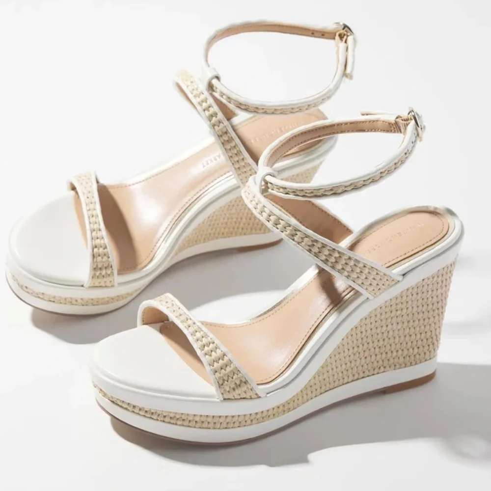 White House Black Market Woven Wedge Sandals - Cream and Tan